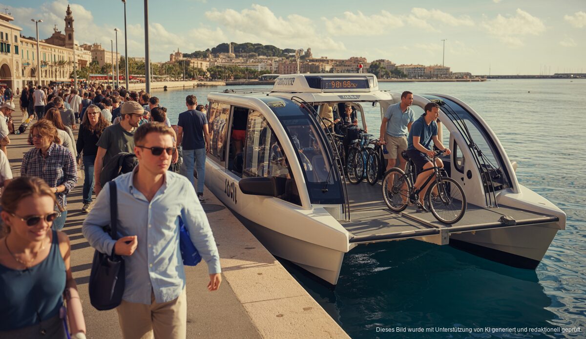 Neuer Wasserbus in Palma bietet nachhaltige Mobilitätslösung Moderner Wasserbus im Hafen von Palma de Mallorca mit Touristen