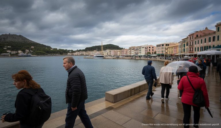 Wolkenverhangener Himmel über Port d'Andratx mit Menschen am Hafen