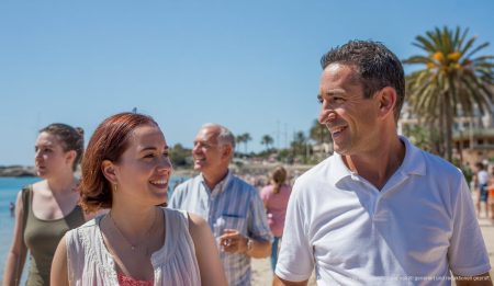 Frühlingswetter auf Mallorca mit Sonnenschein und Spaziergängern am Strand