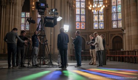 Techniker und Pfarrerehepaar bei der Vorbereitung eines TV-Gottesdienstes in der Porciúncula-Kirche auf Mallorca.