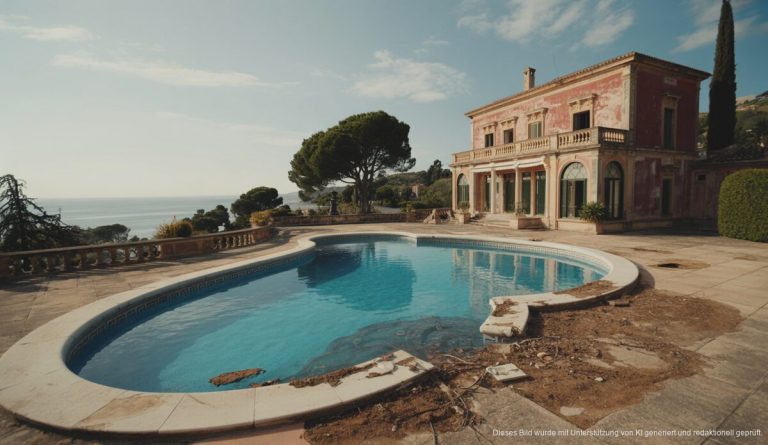 Ágatha Ruiz de la Pradas gerichtliche Kämpfe um Mallorca-Anwesen Ágatha Ruiz de la Pradas Anwesen auf Mallorca mit vernachlässigtem Pool