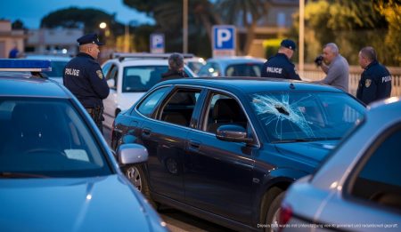 Autos mit eingeschlagenen Fenstern in einem Parkhaus in Palma de Mallorca.