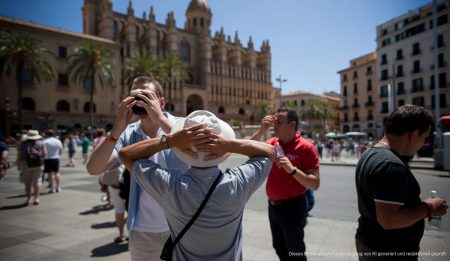 Menschen auf einem öffentlichen Platz in Palma de Mallorca bei einer Hitzewelle, die durch El Niño verstärkt wird.