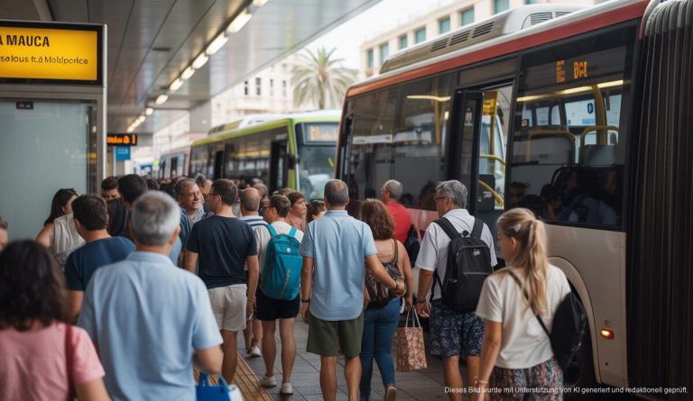 EMT Palma verstärkt Buslinien für Tourismus zur Osterzeit Busse in Palma de Mallorca an einem belebten Verkehrsknotenpunkt zur Osterzeit
