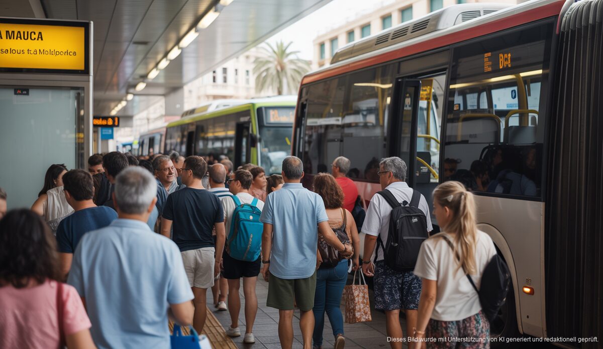 Busse in Palma de Mallorca an einem belebten Verkehrsknotenpunkt zur Osterzeit