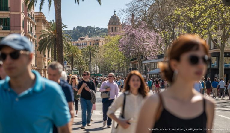 Frühlingstemperaturen auf Mallorca: Ein Paradies für Reisende Sonnige Straßenszene in Palma de Mallorca im Frühling, Menschen genießen das milde Wetter, mit blühenden Bäumen und mallorquinischer Architektur.