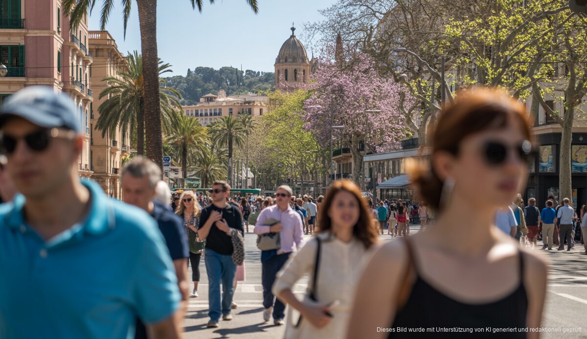 Sonnige Straßenszene in Palma de Mallorca im Frühling, Menschen genießen das milde Wetter, mit blühenden Bäumen und mallorquinischer Architektur.