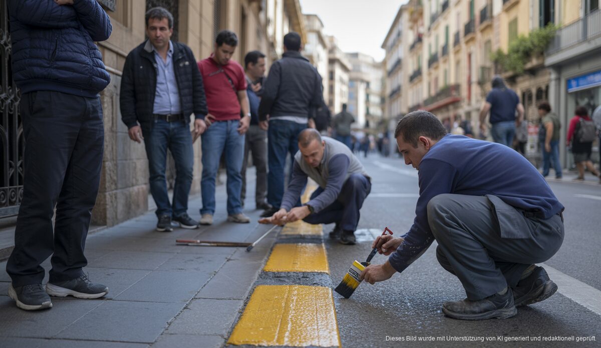 Arbeiter bemalen alte Bordsteine gelb in Palma de Mallorca