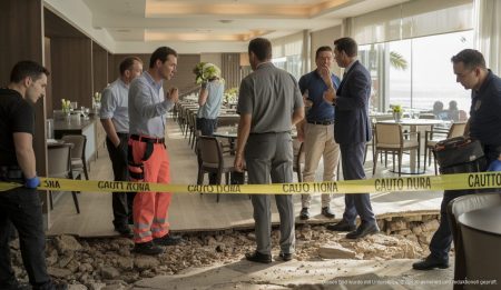 Hotel-Speisesaal auf Mallorca eingebrochen: Zwei Verletzte Einsatzkräfte sichern einen eingestürzten Hotel-Speisesaal auf Mallorca