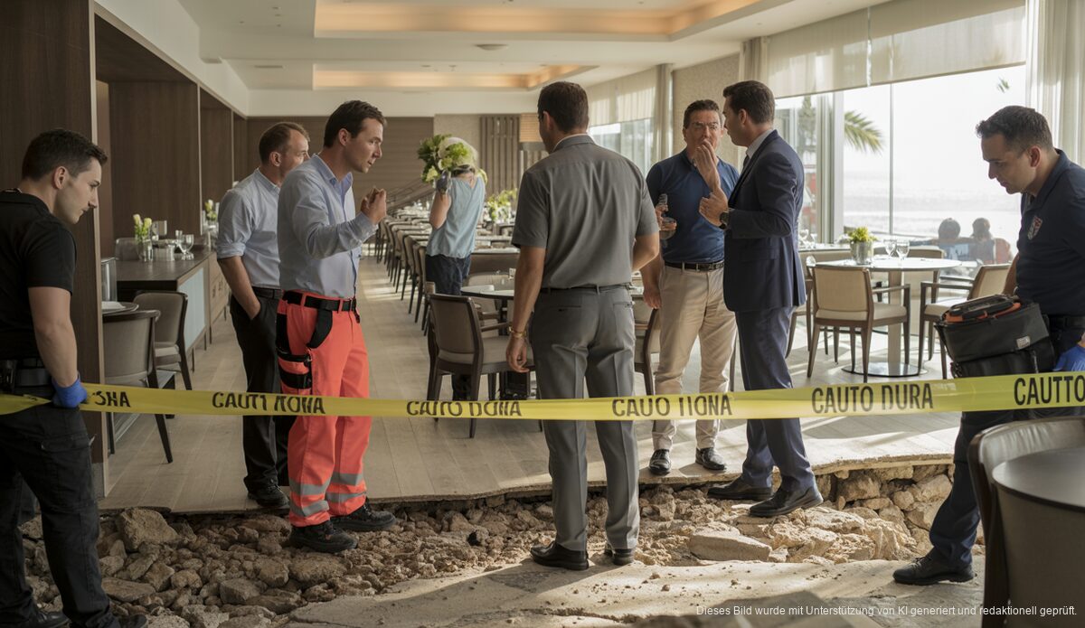 Hotel-Speisesaal auf Mallorca eingebrochen: Zwei Verletzte Einsatzkräfte sichern einen eingestürzten Hotel-Speisesaal auf Mallorca