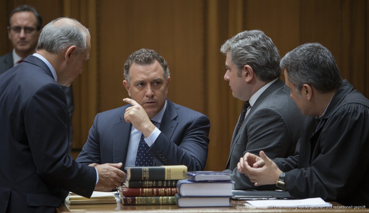 Gerichtsverfahren in Palma de Mallorca mit verärgerten Richtern und Dokumenten