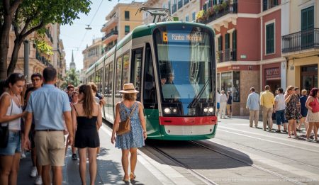 Straße mit Tram in Palma de Mallorca bei Sonnenschein