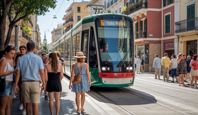 Straße mit Tram in Palma de Mallorca bei Sonnenschein