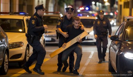 Nachtskandal in Palma: Festnahme eines Vandalen mit Holzbrett Nachtszene in Palma mit Polizeioperation