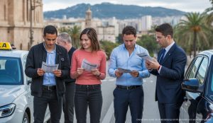 Palma befürwortet 117 neue Taxilizenzen zur Stärkung des Verkehrs Neue Taxifahrer in Palma de Mallorca mit ihren Lizenzen vor der Stadtlandschaft