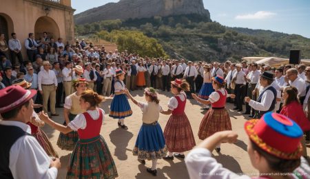 Pancaritat-Festlichkeiten auf Mallorca: Tradition im Fokus Pancaritat-Festival am Puig de Santa Magdalena auf Mallorca, Menschen in traditionellen Kostümen tanzen.