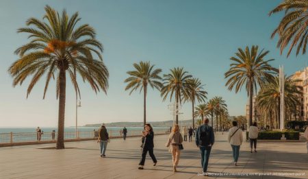 Promenade in Palma de Mallorca an einem klaren Frühlingstag mit Spaziergängern.