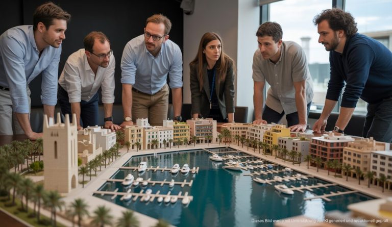 Planungen für Palma Hafen: Fünf Kandidaten in Endauswahl Modell der Hafenneuplanung Palma mit Architekten im Gespräch