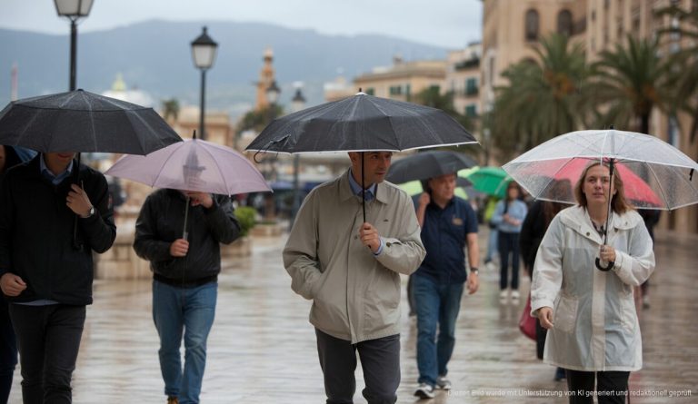 Regentag auf Mallorca mit Menschen und Regenschirmen in Palma