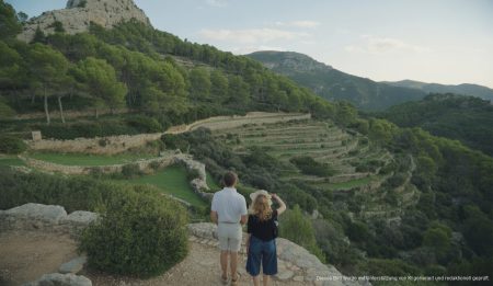 Blick auf die Serra de Tramuntana mit grünen Hügeln und traditionellen Steinmauern