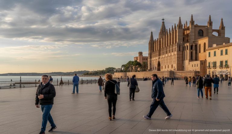 Wetter auf Mallorca: Sonne und Wolken am 8. April 2026 Blick auf Mallorca mit überwiegend bewölktem Himmel aber milden Temperaturen. Menschen genießen Outdoor-Aktivitäten.
