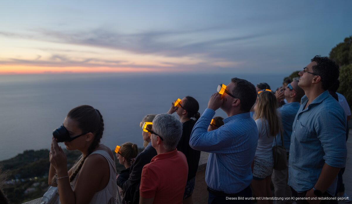 Menschen beobachten eine totale Sonnenfinsternis auf Mallorca