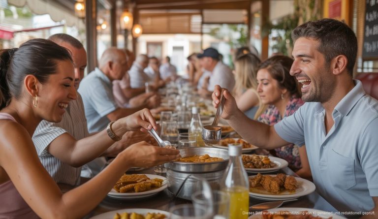 Diners enjoying traditionelle mallorquinische Küche in einem Buffetrestaurant auf Mallorca