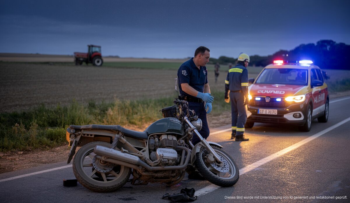 Unfall auf Mallorca bei Nacht mit beschädigtem Motorrad und Blaulicht