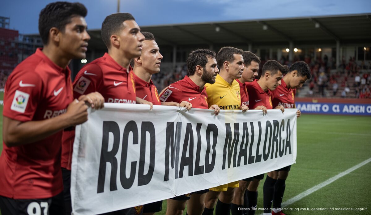 RCD Mallorca: Unterstützung für verletzte Spieler und defensive Stärke RCD Mallorca-Spieler mit Banner zur Unterstützung verletzter Teamkollegen im Stadion