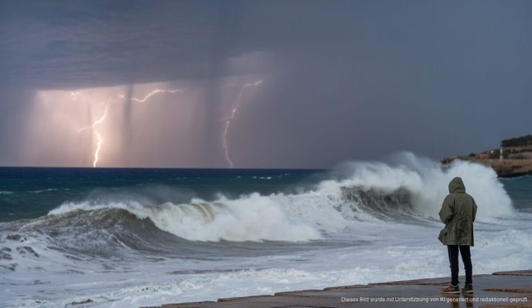 Unwetterwarnung auf Mallorca: Sturm und Regen gemeldet Sturm trifft Mallorca mit hohen Wellen und dunklen Wolken