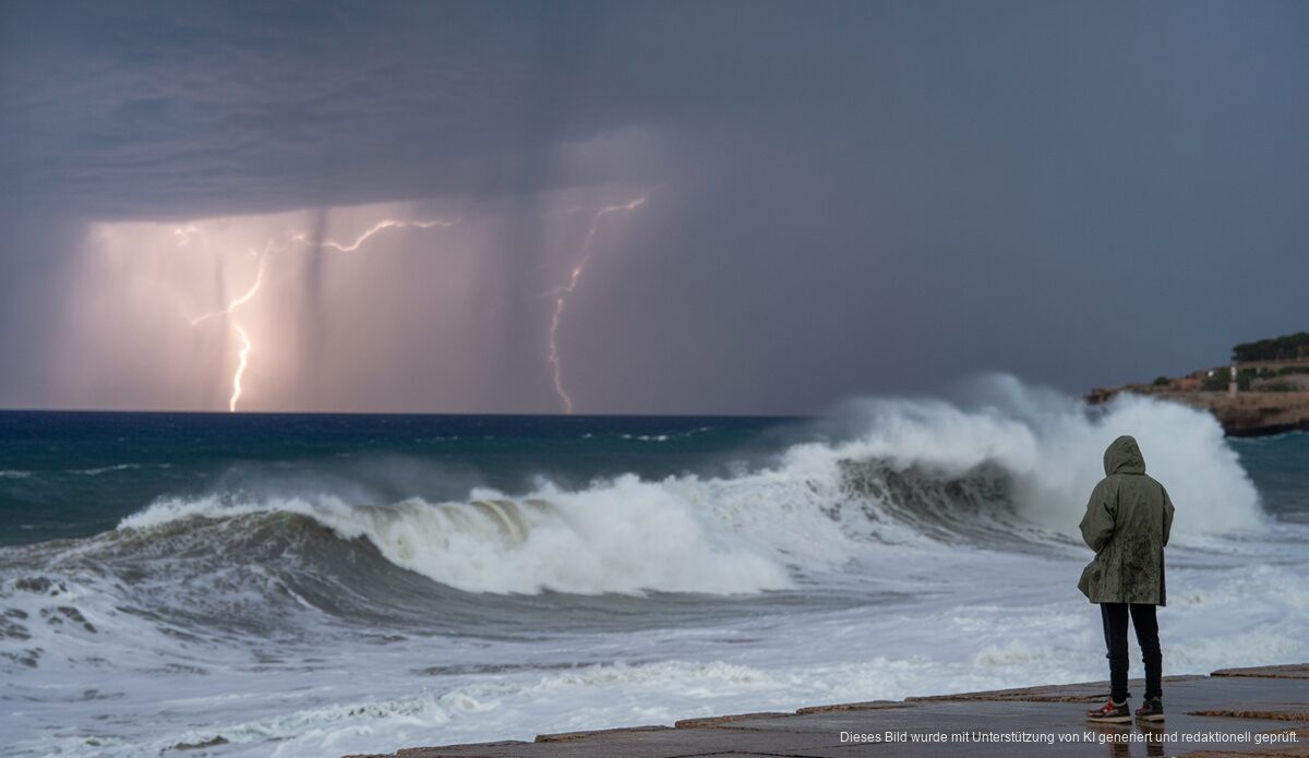 Unwetterwarnung auf Mallorca: Sturm und Regen gemeldet Sturm trifft Mallorca mit hohen Wellen und dunklen Wolken