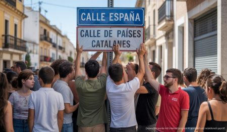 Vandalismus in Manacor: Straße umbenannt als politisches Zeichen Unter einem sonnigen Himmel verdecken junge Aktivisten das Straßenschild Calle España in Manacor