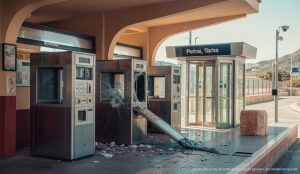 Zerstörte Bahnhofstation in Petra, Mallorca mit zerschlagenen Automaten und Drehkreuzen