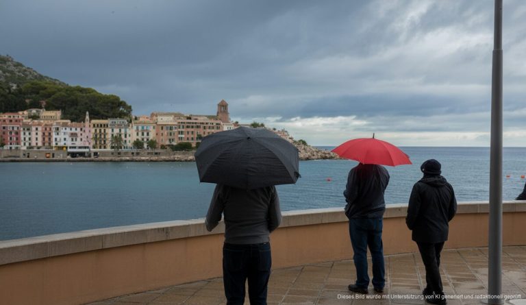 Wolkiger Himmel über Port d'Andratx mit Menschen in warmen Kleidern