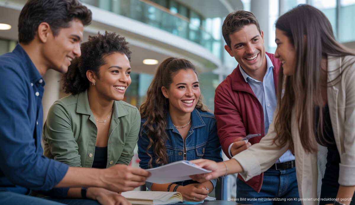 Studierende diskutieren in moderner Universität in Palma de Mallorca