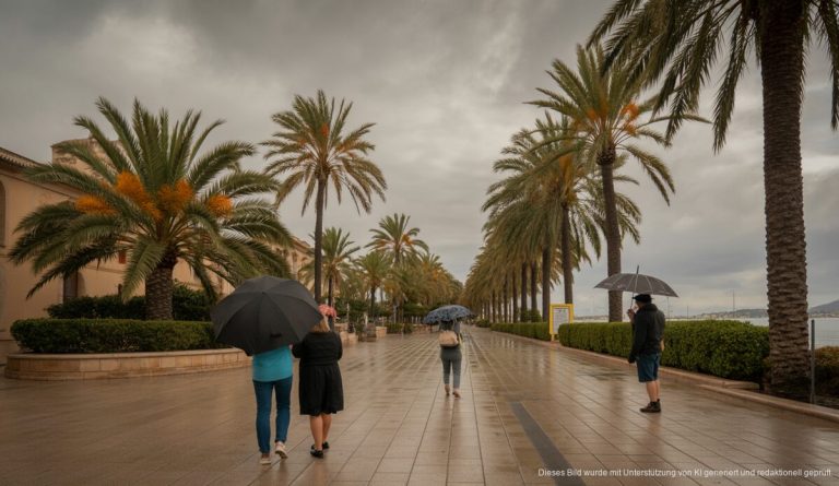Bewölkter Himmel über Alcúdia, Mallorca mit Spaziergängern und ausgestreckten Regenschirmen