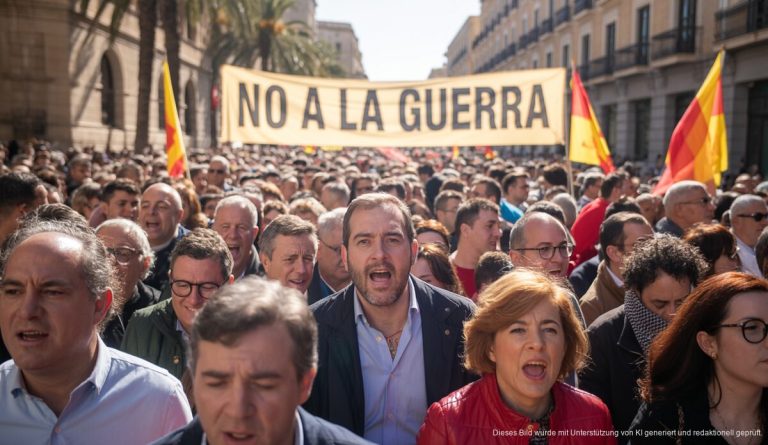 Demonstration auf Mallorca am 1. Mai mit einem großen 'No a la guerra' Banner