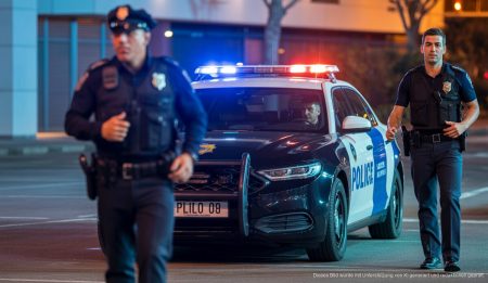 Polizeiautos mit eingeschaltetem Sirenengewitter in Manacors Einkaufszone, Nachtaufnahme