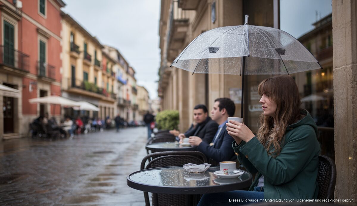 Erfrischender Regen in Santanyí mit Cafés und grauem Himmel