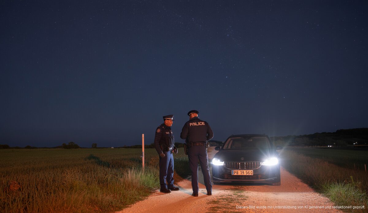 Zwei Männer festgenommen: Vergewaltigung in Manacor auf Mallorca Polizeieinsatz auf einem Feldweg in Manacor, Mallorca bei Nacht