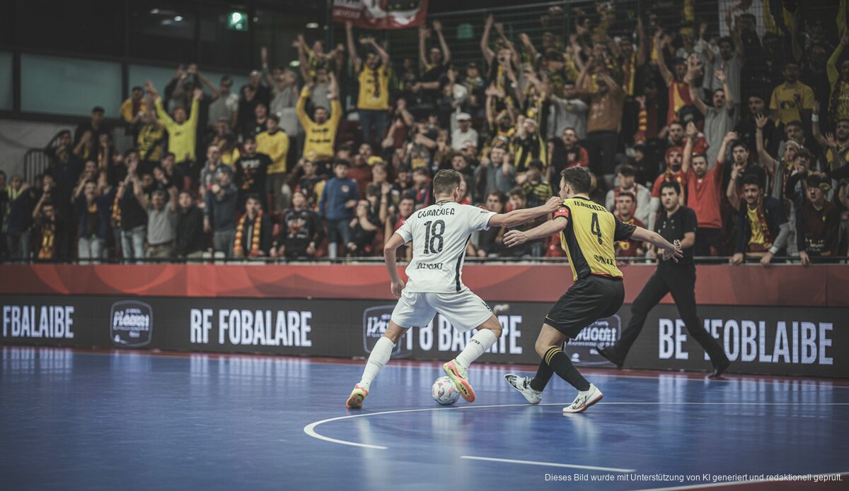 Futsal-Spiel im Halbfinale der UEFA Futsal Champions League zwischen Illes Balears Palma und Étoile Lavalloise in einer lebendigen Arena in Pesaro, Italien.