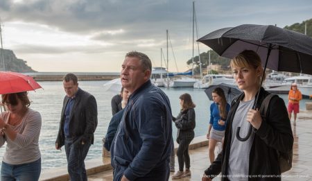 Regenfälliger Hafen von Port d'Andratx auf Mallorca mit Booten in der Bucht