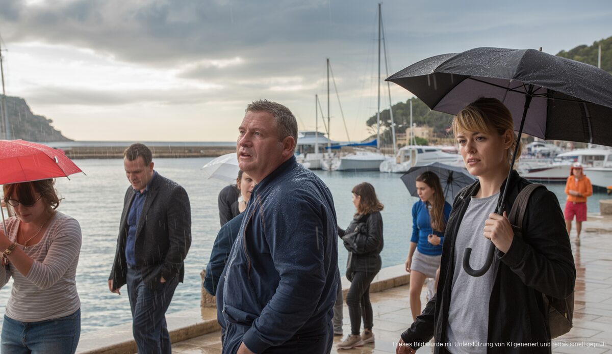 Regenfälliger Hafen von Port d'Andratx auf Mallorca mit Booten in der Bucht