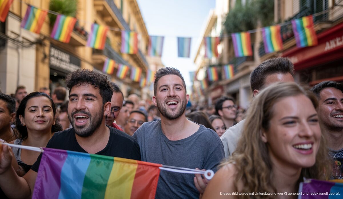 Fröhliche Menschen feiern unter LGTBI+ Fahnen in Palma de Mallorca