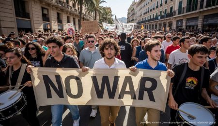 Demonstration auf Mallorca gegen Wohnungsnot und Krieg, mit transparenten