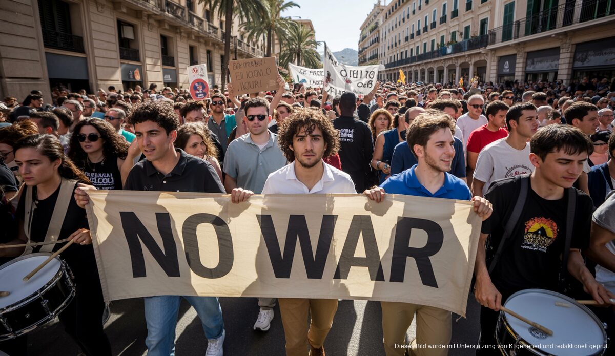 Demonstration auf Mallorca gegen Wohnungsnot und Krieg, mit transparenten