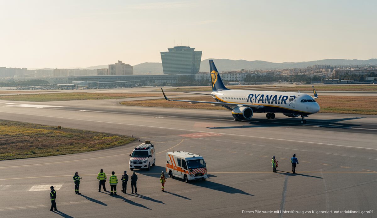 Blick auf das Son Sant Joan Airport in Palma de Mallorca mit Ryanair Flugzeug