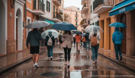 Regentag in Cala Rajada mit Menschen und Regenschirmen auf nassen Straßen