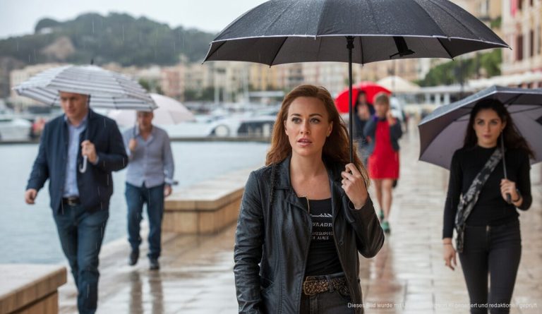 Regen in Port d'Andratx, kühle Temeraturen, Menschen mit Regenschirmen