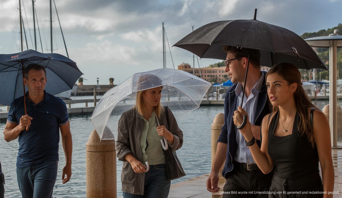 Regen in Port d’Andratx: Wetterbericht für Anfang Mai Regenwetter in Port d'Andratx mit Menschen unter Regenschirmen an der Promenade, Mallorca, Spanien